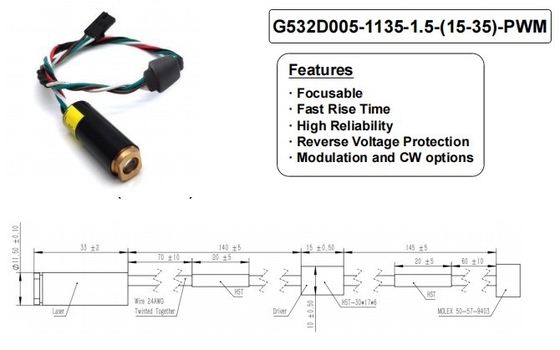 5000 Hours Lifetime Green 532nm Dot Laser 5mW with Fast Rise Time and Focusable Design